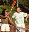 Gen z couple wearing cool tennis set and having fun